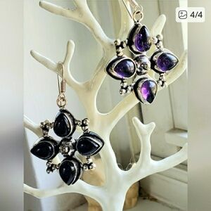 Earrings,  new, huge amethysts set in 925  silver,  handmade by Indian artisan.